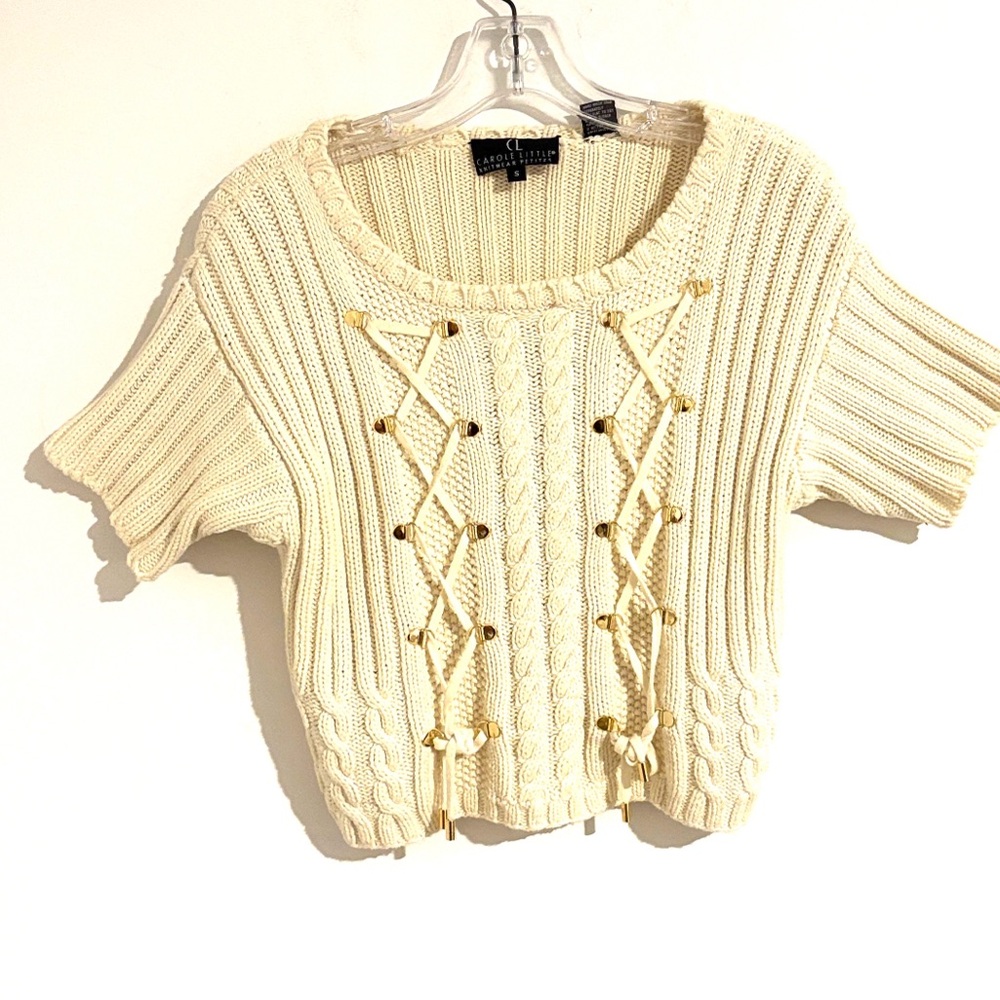🌺Carole Little Size S Ivory/Gold Knitwear Petites‎ 100% Cotton Top